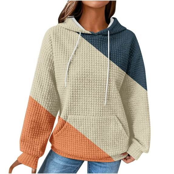 Womens Hoodies Trendy Casual Loose Drawstring Long Sleeve Round Neck Color Block Sweatshirts Tops Blouse Plain Hoodie Tops,Beige,L
