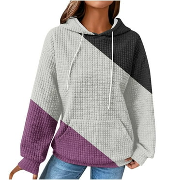 Womens Hoodies Trendy Casual Loose Drawstring Long Sleeve Round Neck Color Block Sweatshirts Tops Blouse Plain Hoodie Tops,Gray,S