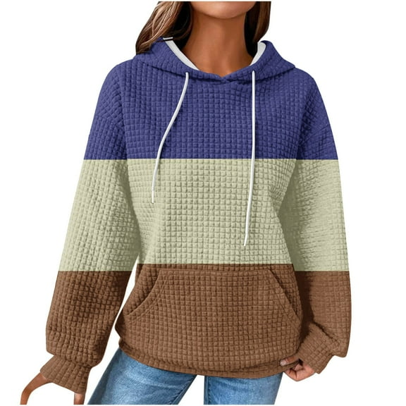Womens Hoodies Trendy Casual Loose Drawstring Long Sleeve Round Neck Color Block Sweatshirts Tops Blouse Plain Hoodie Tops,Navy 2,S