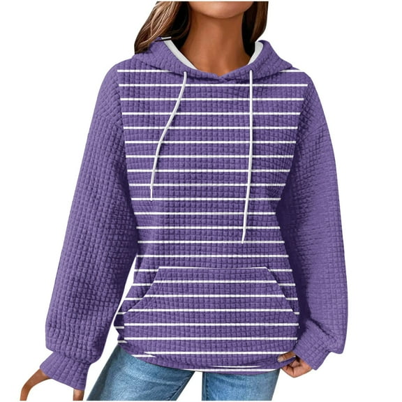 Womens Hoodies Trendy Casual Loose Drawstring Long Sleeve Round Neck Color Block Sweatshirts Tops Blouse Plain Hoodie Tops,Purple 2,S