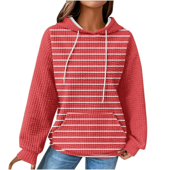 Womens Hoodies Trendy Casual Loose Drawstring Long Sleeve Round Neck Color Block Sweatshirts Tops Blouse Plain Hoodie Tops,Watermelon Red,XL