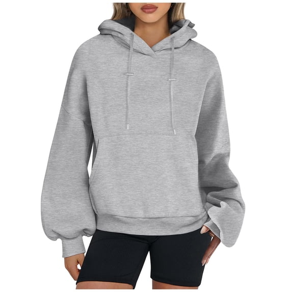 Womens Hoodies Winter Fall Oversized Hooded Puff Sleeves Bell One Shoulder Drawstring Plain Leisure Cotton Pullover Top(Grey,L)