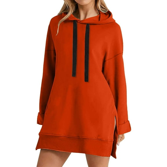 Womens Hoodies For Women Hoodie Sweatshirt Dress Knee Length Long Pullover Tops With Split Plush Lined Oversized Tunic Design Front Pocket Versatile Casual Wear 2Xl Sweatshirt For Women