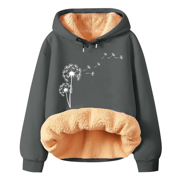 Womens Hoodies For Women Winter Spring Warm Fleece Hoodie Pullover Long Sleeve Solid Printed Drawstring Hood Ribbed Cuffs Hem Polyester Casual Cute M Sweatshirt For Women