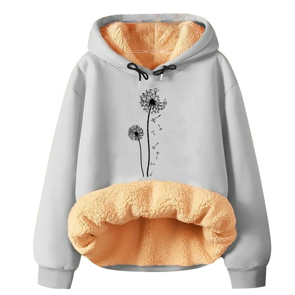 Womens Hoodies For Women Winter Spring Warm Fleece Hoodie Pullover Long Sleeve Solid Printed Drawstring Hood Ribbed Cuffs Hem Polyester Soft Comfortable M Sweatshirt For Women