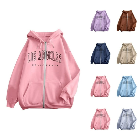 Womens Hoodies Womens Fall Fashion 2025 Women's Fashionable Letter Printed Zipper Long Sleeved Pocket Drawstring Casual Sports Hoodie (7) Pink - XL