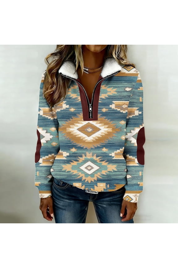 Womens Hoodies Free Soft Aztec Print Long Sleeve Collared Quarter Zip Loose Pullover Sweatshirt Womens Sweatshirt Green XXL