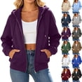 thumbnail image 1 of Womens Hoodies Zip Up Solid Color Casual Full-Zip Blouses Hoodie Drawstring Long Sleeve Comfortable Y2k Winter Zip Up Jackets Oversized Tops With Pockets, 1 of 9