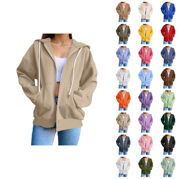 Womens Hoodies Zip Up 2026 Fall Winter Casual Long Sleeve Plain Hoodie Sweatshirt with Pockets Jacket Coat Outerwear