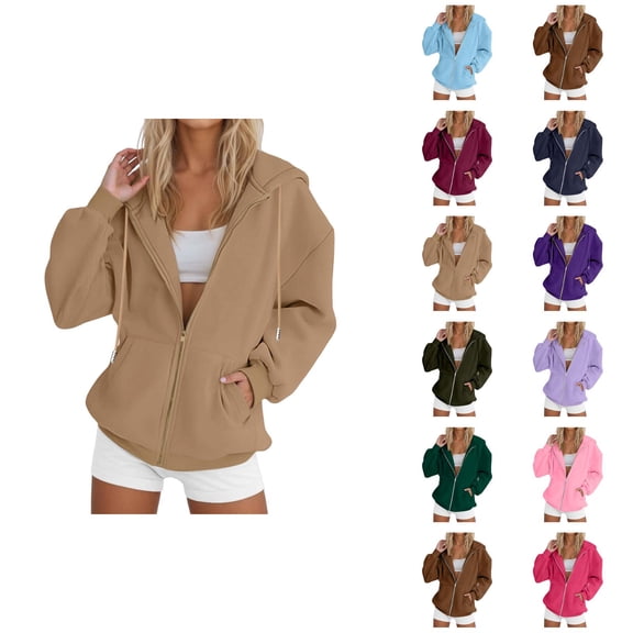 Womens Hoodies Zip Up 2026 Fall Winter Plain Long Sleeve Casual Hooded Sweatshirt Jacket Coat Outerwear with Pockets