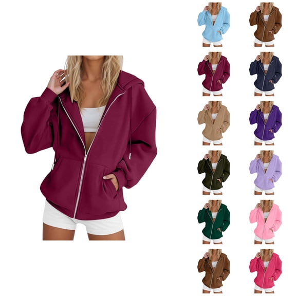 Womens Hoodies Zip Up 2026 Fall Winter Plain Long Sleeve Casual Hooded Sweatshirt Jacket Coat Outerwear with Pockets