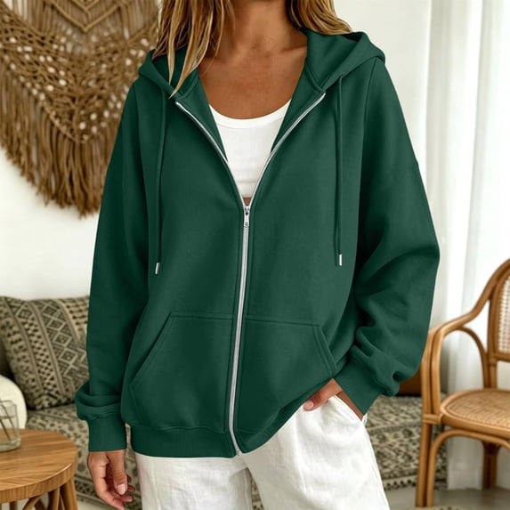 Womens Hoodies Zip Up Casual Long Sleeve Oversized Hoodie Y2K Full Zipper Fleece Preppy Sweatshirts Jackets Dark Green 2XL