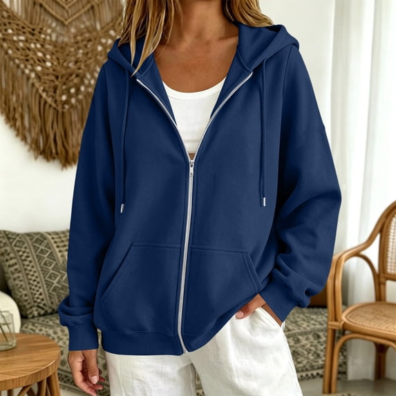 Womens Hoodies Zip Up Casual Long Sleeve Oversized Hoodie Y2K Full Zipper Fleece Preppy Sweatshirts Jackets Navy S