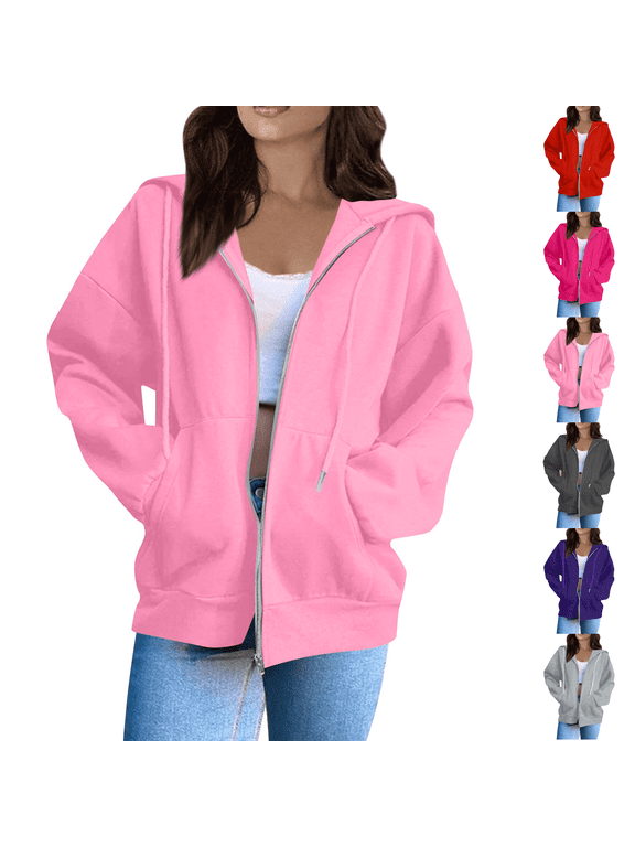 Womens Hoodies Zip Up Casual Long Sleeve Oversized Hoodie Y2K Full Zipper Fleece Preppy Sweatshirts Jackets Pink M