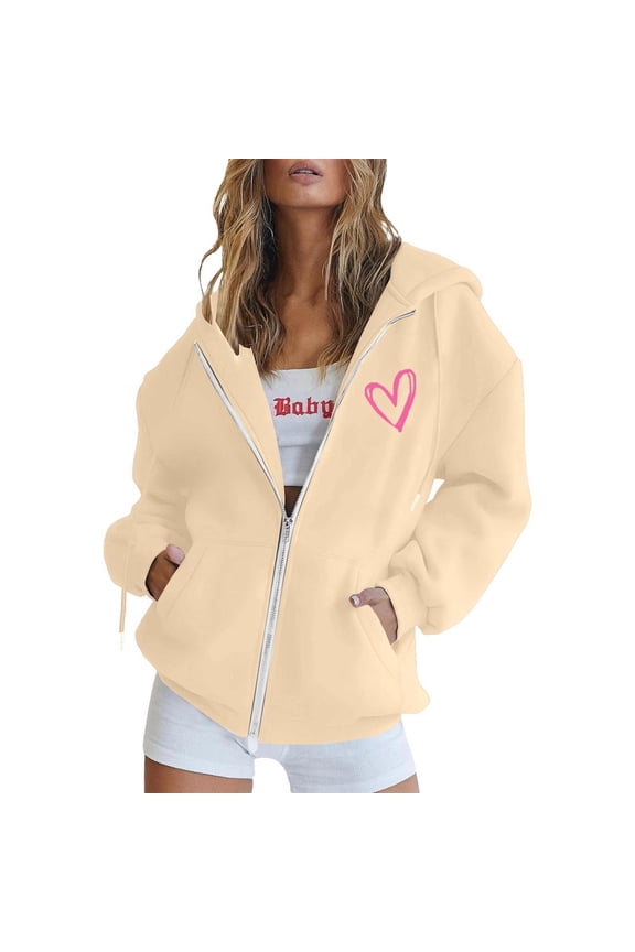 Womens Hoodies Zip Up Fleece Lined Loose Fit Heart Print Hooded Long Sleeve Pockets Drawstring Jacket for Outdoor Wear Sweatshirts for Women Beige L