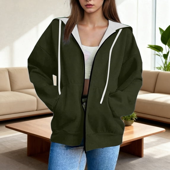 Womens Hoodies Zipper Pocket Drawstring Hooded Long Sleeve Solid Print Jacket Top for Casual Wear Women's Sweatshirts Army Green L