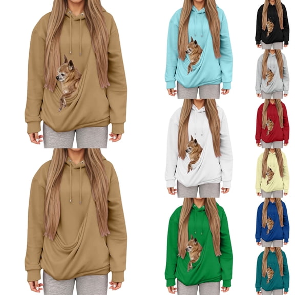 Womens Hoodies with Large Pocket Pouch For Cats Dogs Soft Cute Pullover Hooded Sweatshirt Fall Winter Casual Comfortable Hoodies for Women Gold XL