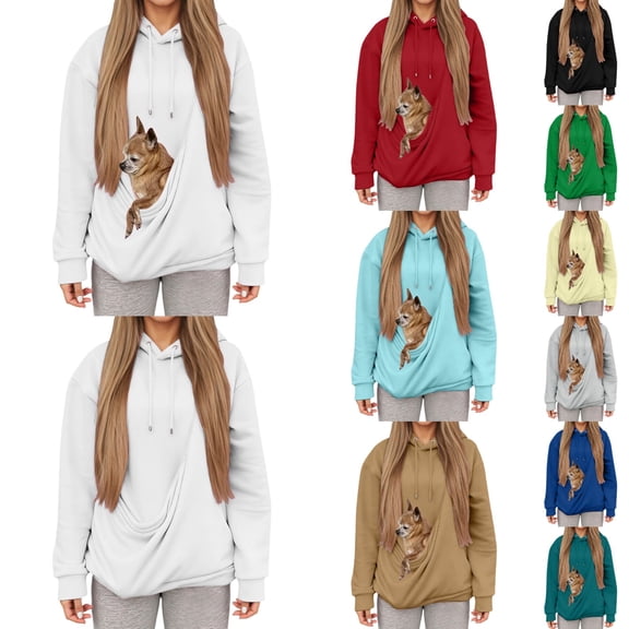Womens Hoodies with Large Pocket Pouch For Cats Dogs Soft Cute Pullover Hooded Sweatshirt Fall Winter Casual Comfortable Hoodies for Women White XXL