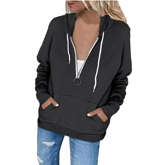 Womens Hoodies with Pockets Pullover Oversized Sweatshirt Solid Color Long Sleeve Top Quarter Zip Shirts Loose Casual Sweater (Black 2XL)