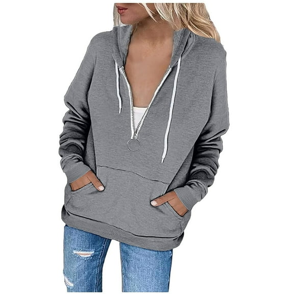 Womens Hoodies with Pockets Pullover Oversized Sweatshirt Solid Color Long Sleeve Top Quarter Zip Shirts Loose Casual Sweater (Gray S)