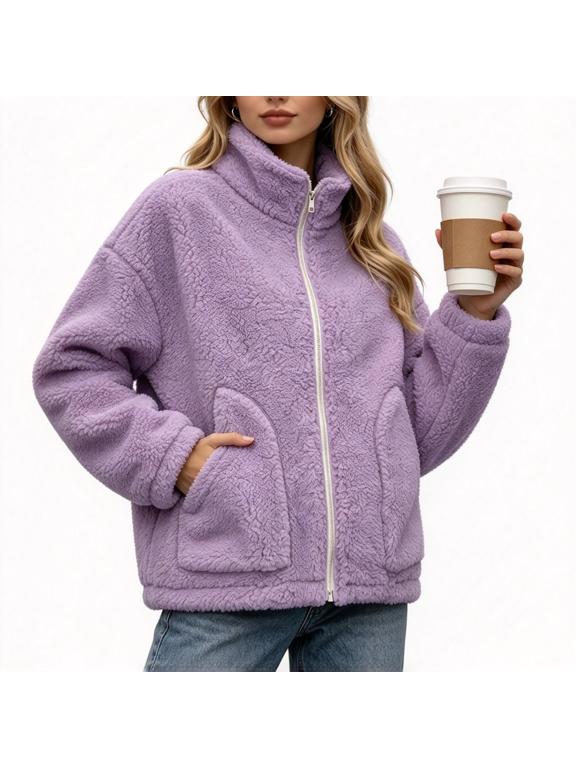 Womens Hoodless Fleece Jacekt Warm Zip Up Turtleneck Casual Loose Fit Thick Winter Sherpa Jacket Purple M