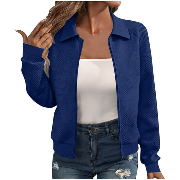 Womens Hoodless Jacket Full-Zip Long Sleeve Lapel Collar Bomber Coat Textured Solid Casual Fall Spring Outerwear (M, Blue)