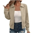 thumbnail image 1 of Womens Hoodless Jacket Full-Zip Long Sleeve Lapel Collar Bomber Coat Textured Solid Casual Fall Spring Outerwear (XL, Khaki), 1 of 7