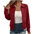 thumbnail image 1 of Womens Hoodless Jacket Full-Zip Long Sleeve Lapel Collar Bomber Coat Textured Solid Casual Fall Spring Outerwear (XL, Red), 1 of 7