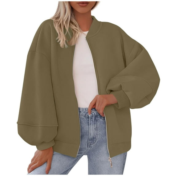 Womens Hoodless Sweatshirt Zip Up Long Sleeve Solid Color Jacket Stand Up Collar Casual Loose Coats With Pockets (2XL, Brown)