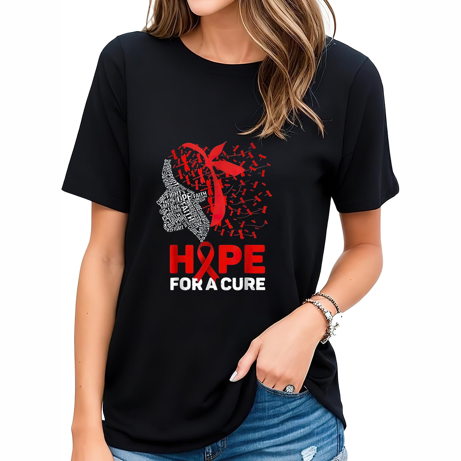 Womens Hope For Cure Red Ribbon Warrior HIV AIDS Awareness Woman T ...