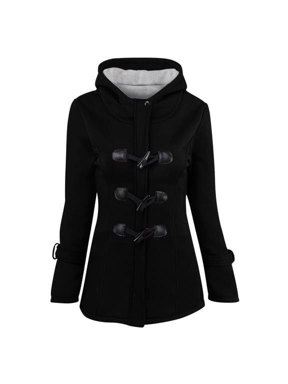 Womens Horn Button Fleece Thicken Coat with Hood Winter Warm Jacket Pea Coat Zip Hoodie Cotton Sweatshirt Outwear (Large, Black)