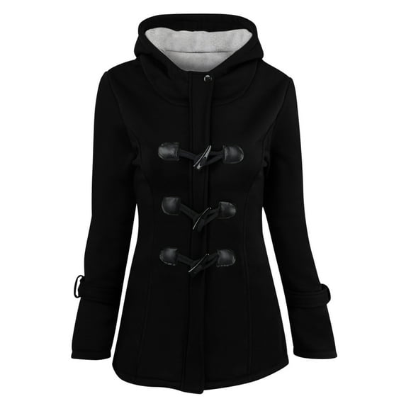 Womens Horn Button Fleece Thicken Coat with Hood Winter Warm Jacket Pea Coat Zip Hoodie Cotton Sweatshirt Outwear (Medium, Black)