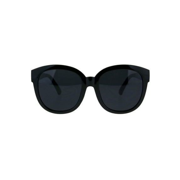 Womens Horn Rim All Black Plastic Round Boyfriend Sunglasses Shiny Black