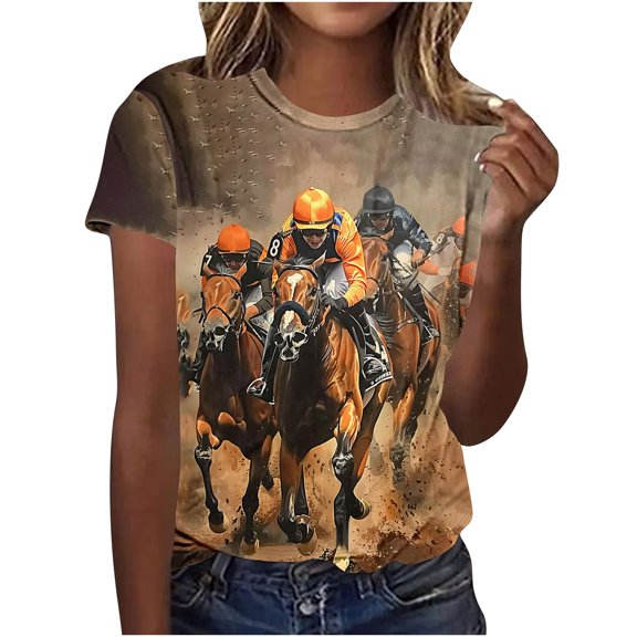 Womens Horse Racing Printed Shirts Scooped Neck Tee Short Sleeve Tops Plus Size Loose Fitted Blouses Pullover Sweater Blouses Formal Trendy T-Shirts Summer Basic Workout Clothing 2025