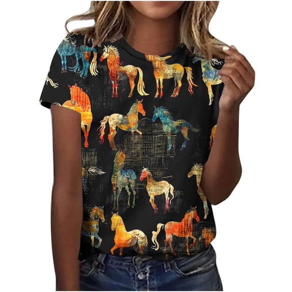 Womens Horse Racing T-Shirts Plus Size Vintage Retro Graphic Tees Loose Fit Funny Pullover Tops, 4XL
