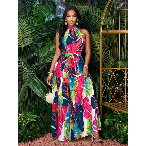 Womens Hot Pink Allover Tropical Leaf Print Halter Neck Maxi Dress With Self-Tie Belt, Flowing Vacation Style