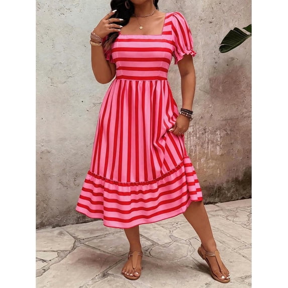 Womens Hot Pink And Red Striped Square Neck Midi Dress With Pockets