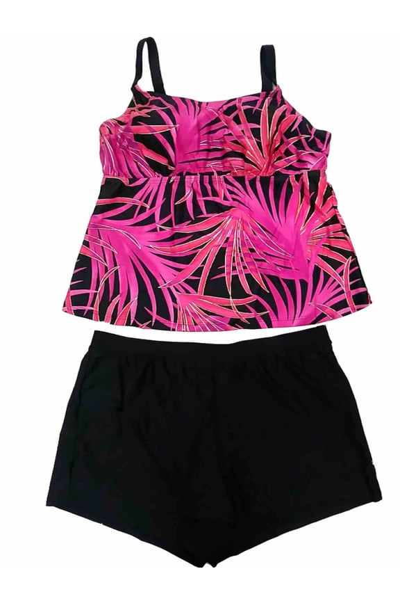 Womens Hot Pink Gold Accent Tropical Leaf 2 Piece Swimming Suit Tankini Set