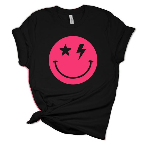 Womens Hot Pink Happy Face Smile With Lightning Eyes Unisex Fit Short Sleeve T-shirt Graphic Tee-Black-large