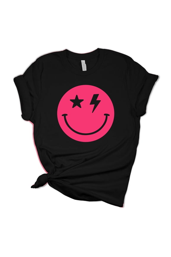 Womens Hot Pink Happy Face Smile With Lightning Eyes Unisex Fit Short Sleeve T-shirt Graphic Tee-Black-large