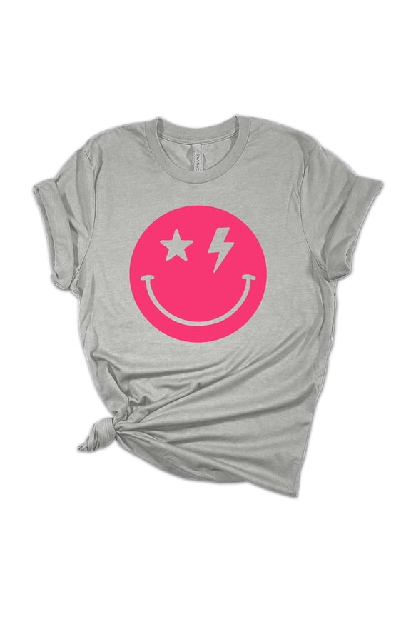 Womens Hot Pink Happy Face Smile With Lightning Eyes Unisex Fit Short Sleeve T-shirt Graphic Tee-Sports Grey-medium