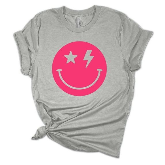 Womens Hot Pink Happy Face Smile With Lightning Eyes Unisex Fit Short Sleeve T-shirt Graphic Tee-Sports Grey-xl