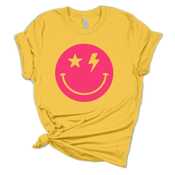 Womens Hot Pink Happy Face Smile With Lightning Eyes Unisex Fit Short Sleeve T-shirt Graphic Tee-Yellow-medium