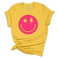 thumbnail image 1 of Womens Hot Pink Happy Face Smile With Lightning Eyes Unisex Fit Short Sleeve T-shirt Graphic Tee-Yellow-small, 1 of 4