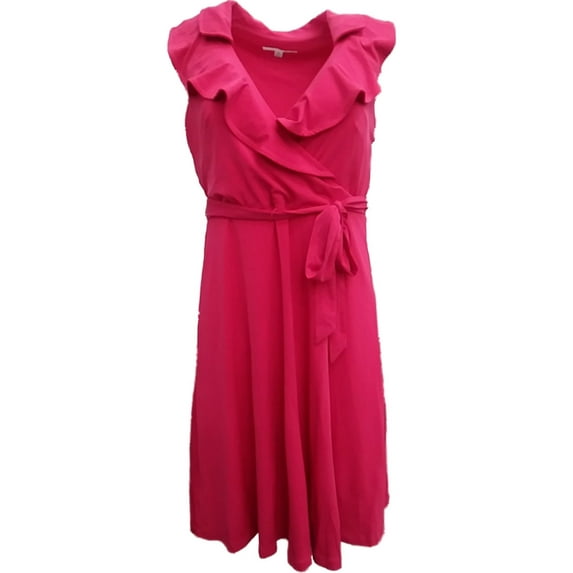 Womens Hot Pink Ruffle Neckline Tie Waist Tank Top Wrap Dress