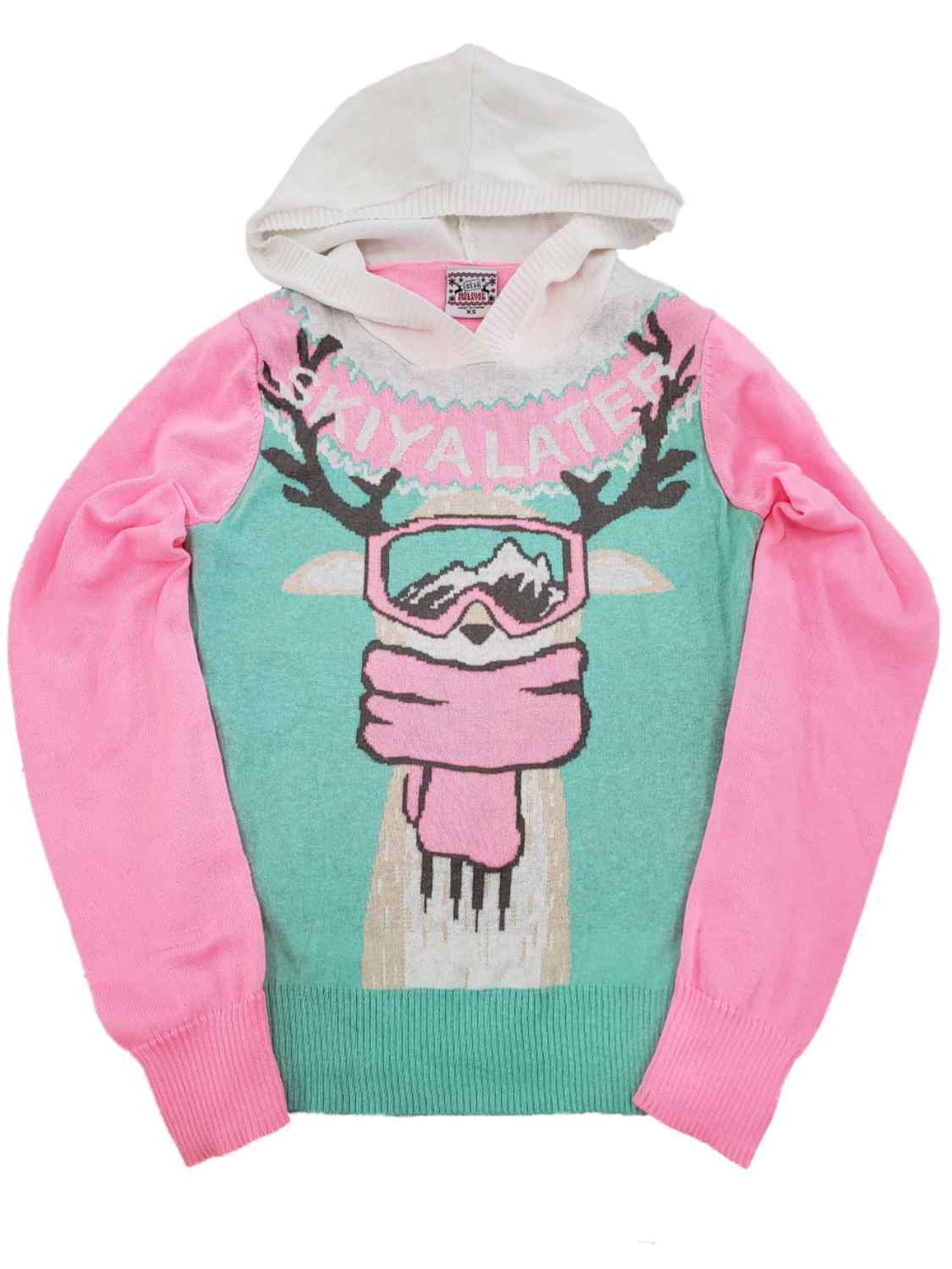 Womens Hot Pink Ski Ya Later Deer Hoodie Long Sleeve Lightweight Knit