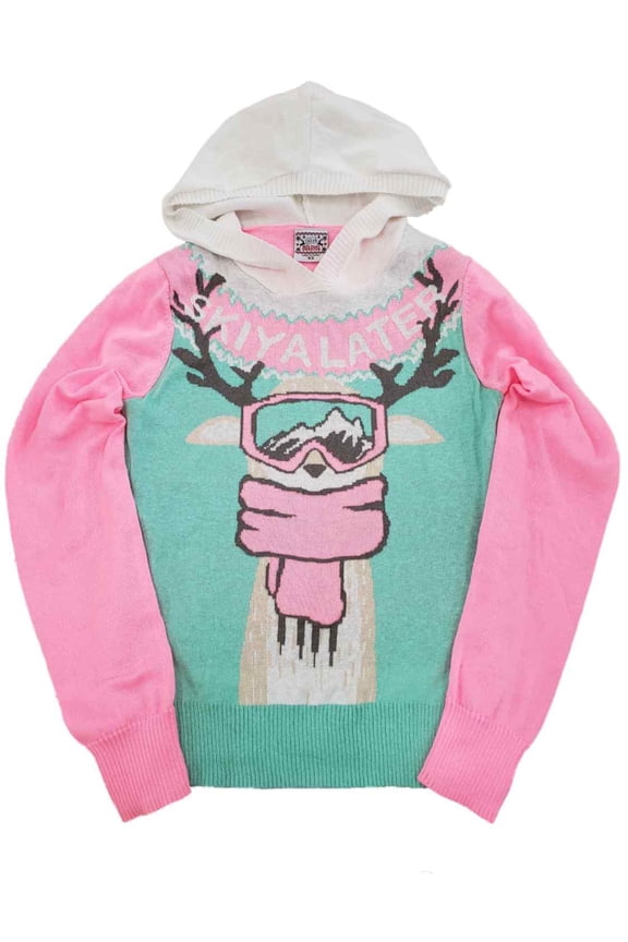 Womens Hot Pink Ski Ya Later Deer Hoodie Long Sleeve Lightweight Knit SweaterXXL