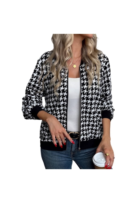 Womens Houndstooth Zip Up Jacket Casual Wool Coats Fashion Fall Outfits for Women Black XL