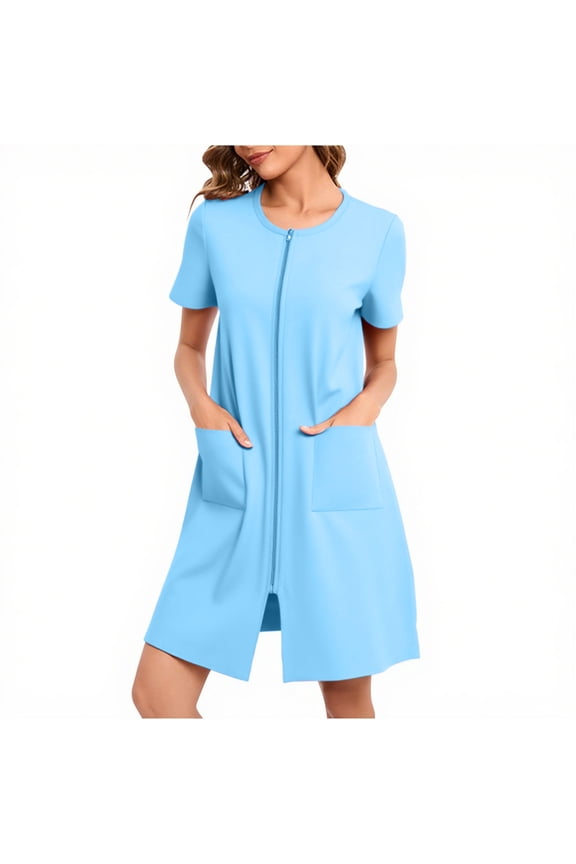 Womens House Dress Duster Short Sleeve House Coat Zipper Front Robes Midi Length Nightgowns with Pockets Loungewear