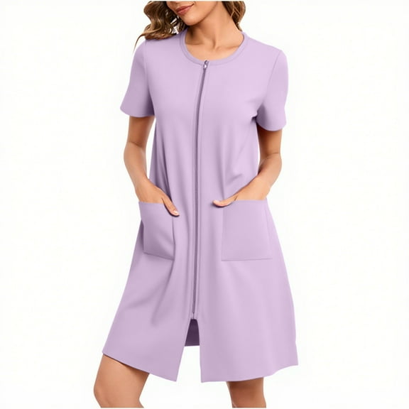Womens House Dress Duster Short Sleeve House Coat Zipper Front Robes Midi Length Nightgowns with Pockets Loungewear
